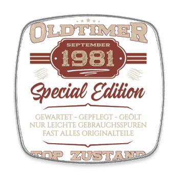 43. Geburtstag Oldtimer September 1981 Jahrgang 81 - Viereckiger Kühlschrankmagnet - Weiß - Vorne