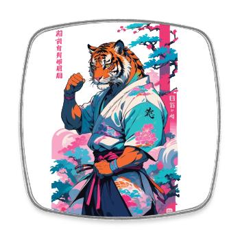 Tiger Yokai Vaporwave Aesthetic Samurai Art - Square fridge magnet - white - Front