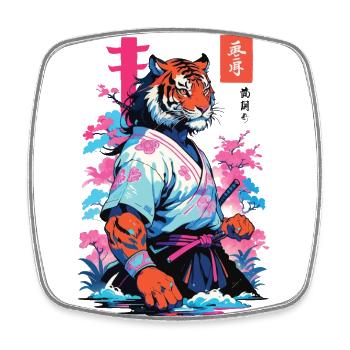 Tiger Yokai & Vaporwave Aesthetic Samurai Art - Square fridge magnet - white - Front