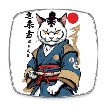 Samurai Cat Vintage Ukiyo-E Aesthetic Japan - Square fridge magnet - white - Front