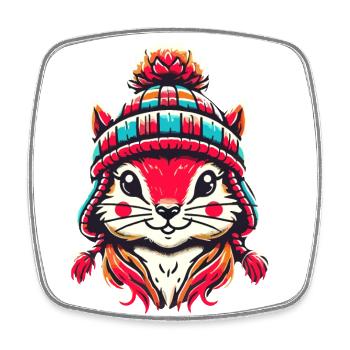 Cheerful squirrel with winter hat - Square fridge magnet - white - Front