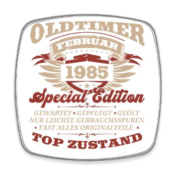 40. Geburtstag Oldtimer Februar 1985 Jahrgang 85 - Viereckiger Kühlschrankmagnet - Weiß - Vorne