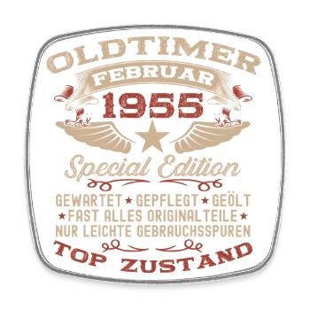70. Geburtstag Oldtimer Februar Jahrgang 1955 - Viereckiger Kühlschrankmagnet - Weiß - Vorne