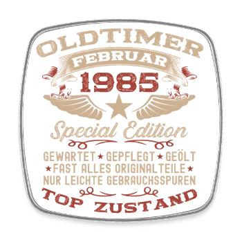 40. Geburtstag Oldtimer Februar Jahrgang 1985 - Viereckiger Kühlschrankmagnet - Weiß - Vorne