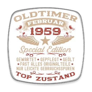 66. Geburtstag Oldtimer Februar Jahrgang 1959 - Viereckiger Kühlschrankmagnet - Weiß - Vorne