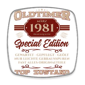 44. Geburtstag Oldtimer März Jahrgang 1981 - Viereckiger Kühlschrankmagnet - Weiß - Vorne