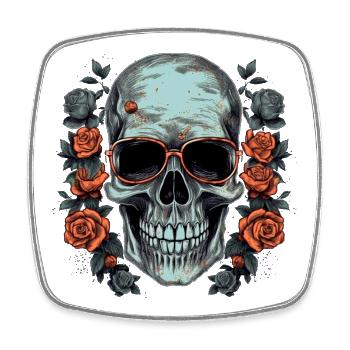 Cooler Hipster Totenkopf mit Brille und Rosen - Viereckiger Kühlschrankmagnet - Weiß - Vorne