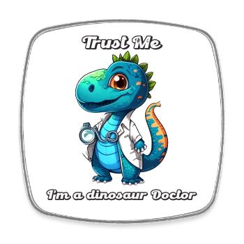 Little cute green dinosaur dressed up as a doctor. - Square fridge magnet - white - Front