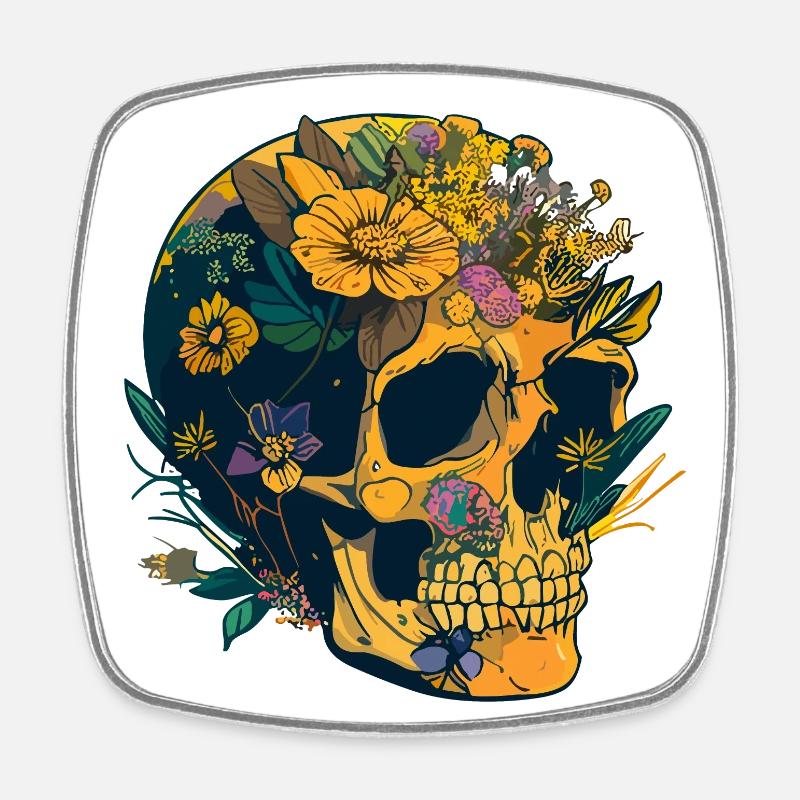 Human Skull & Flowers 20 - Square fridge magnet - white