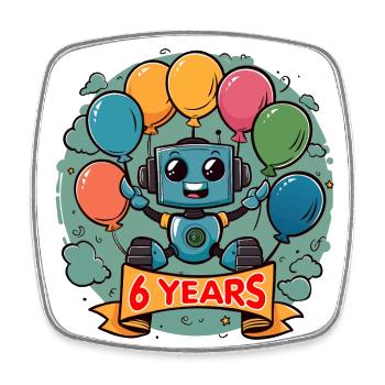 6 Jahre Geburtstag Kleiner Roboter mit Luftballons - Viereckiger Kühlschrankmagnet - Weiß - Vorne