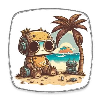 Ein kleiner Roboter im T-Shirt entspannt am Strand - Viereckiger Kühlschrankmagnet - Weiß - Vorne