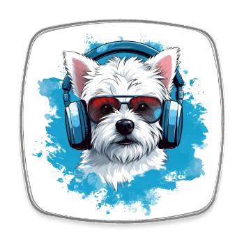 Westie with headphones - Square fridge magnet - white - Front
