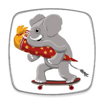 Elefant mit Skateboard und Schultüte - Viereckiger Kühlschrankmagnet - Weiß - Vorne