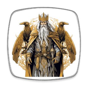 Le dieu nordique Odin avec ses corbeaux Hugin, Munin - Magnet carré - blanc - Devant