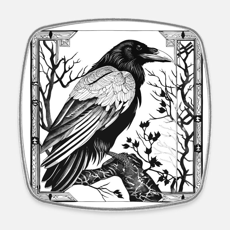 Framed Raven in a Tree - Square fridge magnet - white