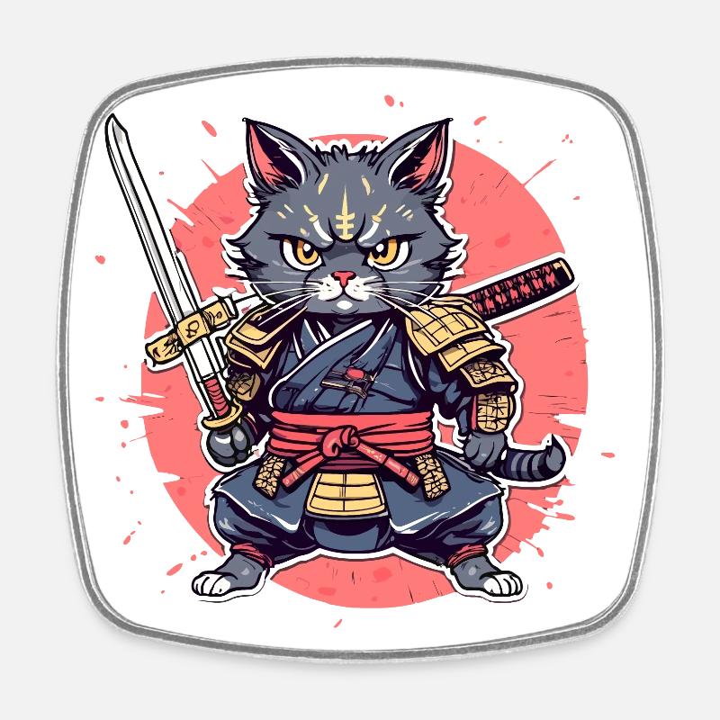 Samurai Cat #32 - Square fridge magnet - white