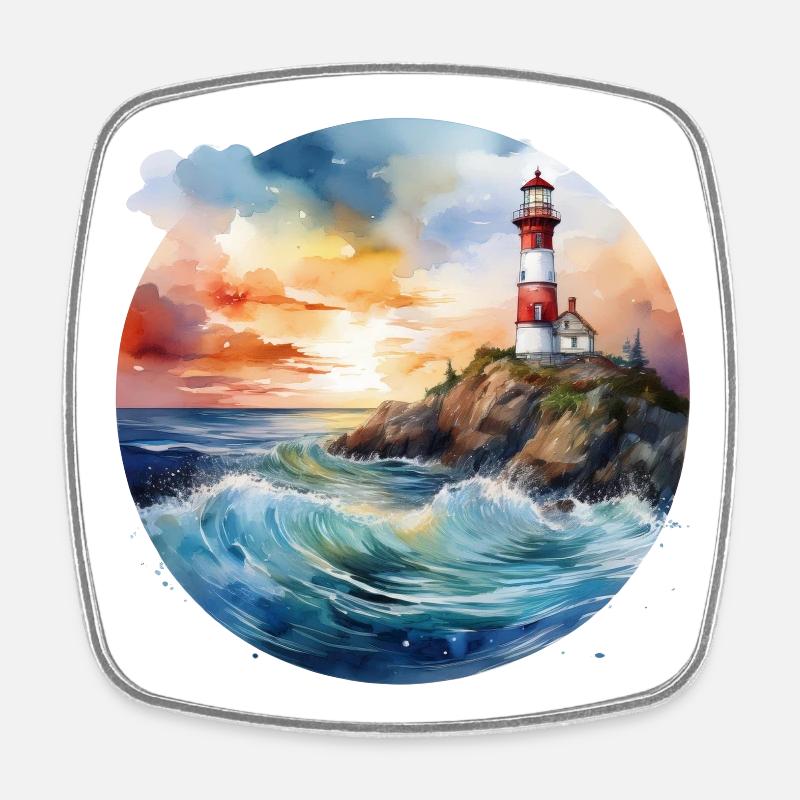 Majestic Lighthouse at Sunset with Crashing Waves - Square fridge magnet - white
