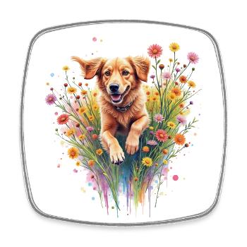 Hund spielt in Blumen - Viereckiger Kühlschrankmagnet - Weiß - Vorne
