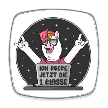 Schulkind Einhorn Ich rocke jetzt die 1. Klasse - Viereckiger Kühlschrankmagnet - Weiß - Vorne