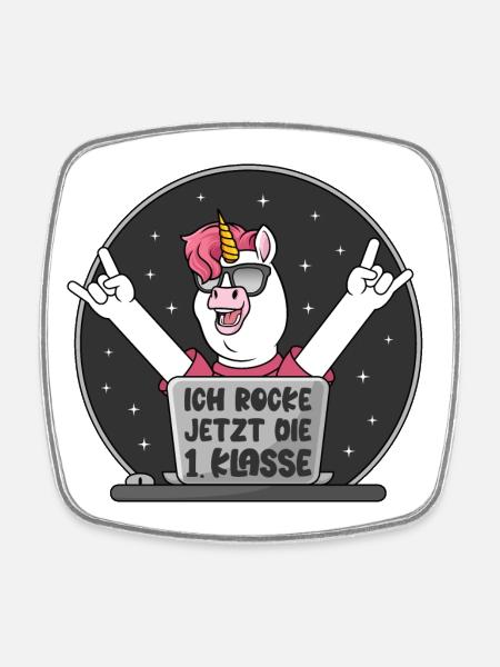 Schulkind Einhorn Ich rocke jetzt die 1. Klasse - Viereckiger Kühlschrankmagnet - Weiß