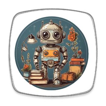 Little funny robot with lots of school supplies - Square fridge magnet - white - Front