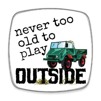 Jamais trop vieux pour jouer dehors - Unimog - Oldtimer - Magnet carré - blanc - Devant