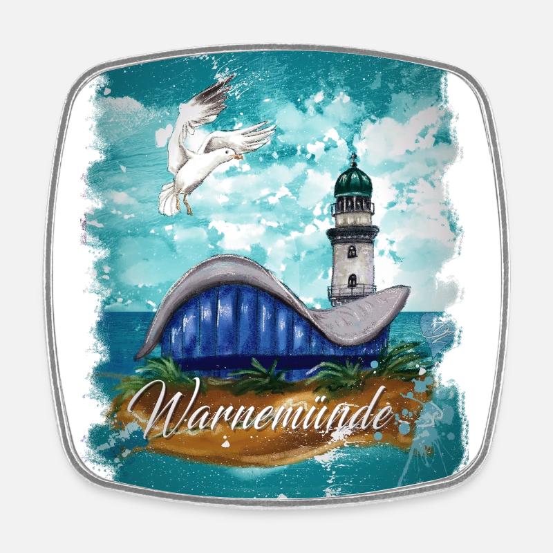 Warnemünder Teepot und Leuchtturm mit Möwe - Viereckiger Kühlschrankmagnet - Weiß