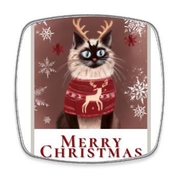 Cute Siberian cat in asweater with reindeer. - Square fridge magnet - white - Front