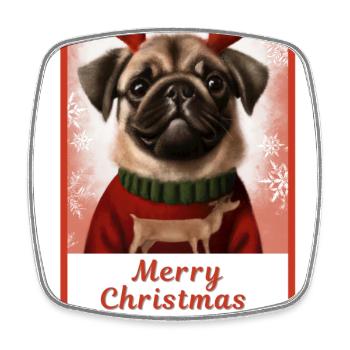 Porträt, Süßer glücklicher Hund (Mops) in einem Weihnachtsfest. - Viereckiger Kühlschrankmagnet - Weiß - Vorne