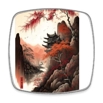 Paysage chinois Rouge Noir Temple à l’encre - Magnet carré - blanc - Devant