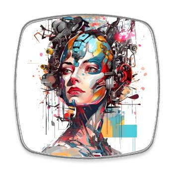 Portrait of a female AI android/cyborg - Square fridge magnet - white - Front