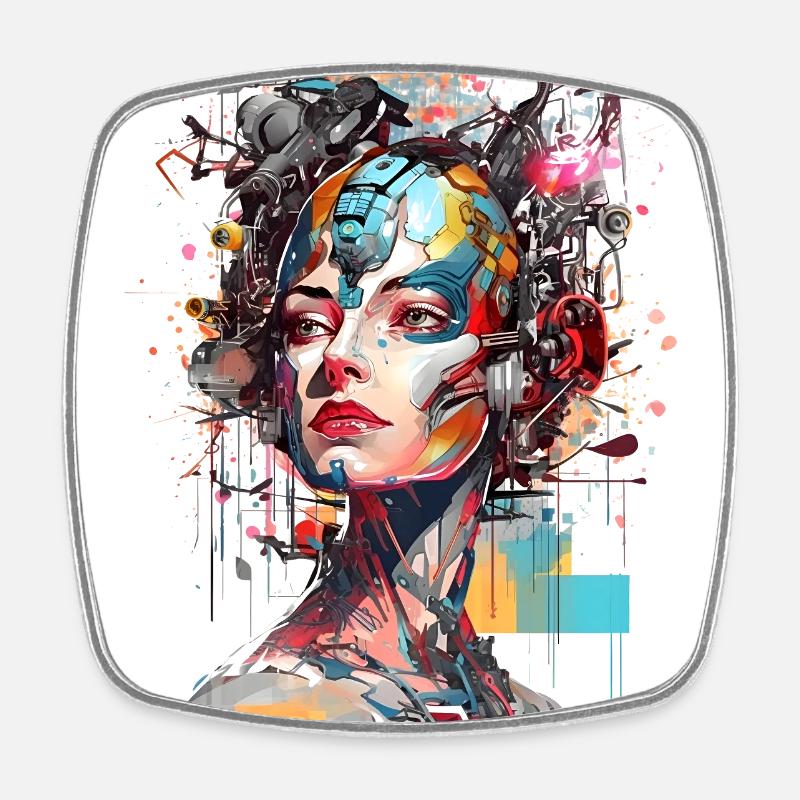 Portrait eines weiblichen AI Androiden/Cyborg - Viereckiger Kühlschrankmagnet - Weiß