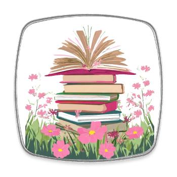 A stack of books in a flower meadow - Square fridge magnet - white - Front