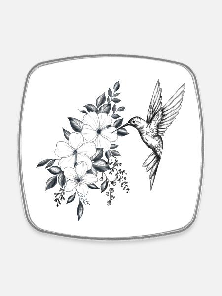 fleurs de cerisier et hibiscus, petit oiseau colib - Magnet carré - blanc