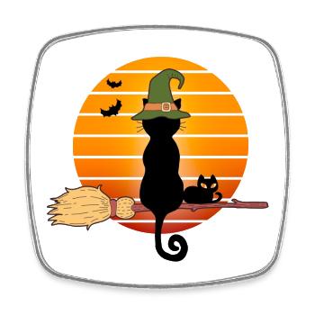 halloween, balai de sorcière, chat noir - Magnet carré - blanc - Devant