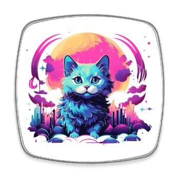 Mond Katze T-Shirt Neon Vaporwave Süß - Viereckiger Kühlschrankmagnet - Weiß - Vorne