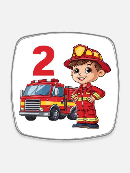 2 Anniversaire Camion de pompiers Pompier Pompiers - Magnet carré - blanc