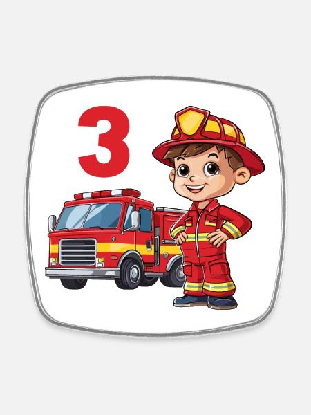 Camion de pompiers 3 anniversaire pompier pompier - Magnet carré - blanc