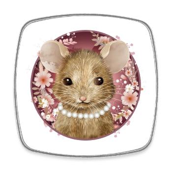 Mouse girl with beads in floral pink frame - Square fridge magnet - white - Front