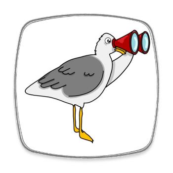 Seagull with binoculars looking at fish sandwich - Square fridge magnet - white - Front