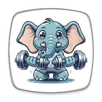 Cute cartoon elephant doing strength training - Square fridge magnet - white - Front