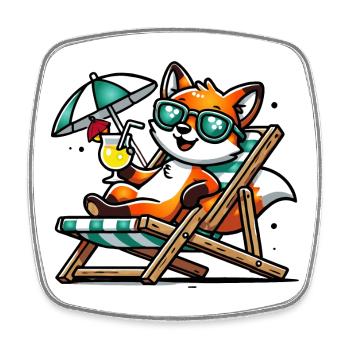Cheerful cartoon fox on the beach on a lounger - Square fridge magnet - white - Front