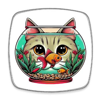 Aquarium Cat with Goldfish - Square fridge magnet - white - Front