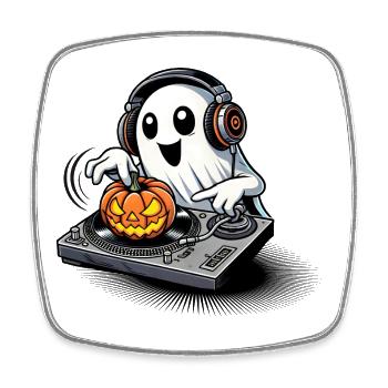 Joyeux fantôme d’Halloween en tant que DJ avec une citrouille - Magnet carré - blanc - Devant