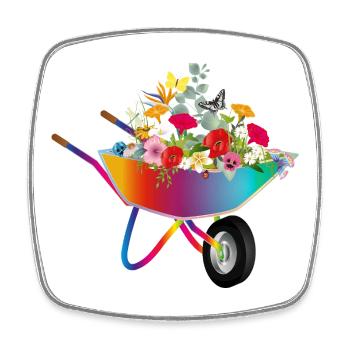 Bunte Schubkarre mit Blumenpracht - Viereckiger Kühlschrankmagnet - Weiß - Vorne