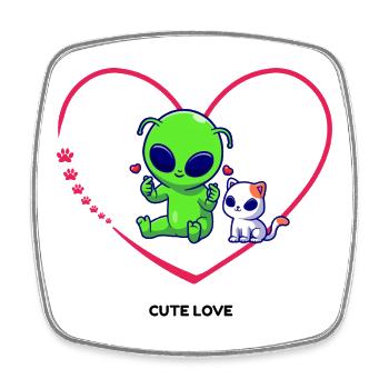 Niedliches Alien mit Katze Herzmotiv - Viereckiger Kühlschrankmagnet - Weiß - Vorne