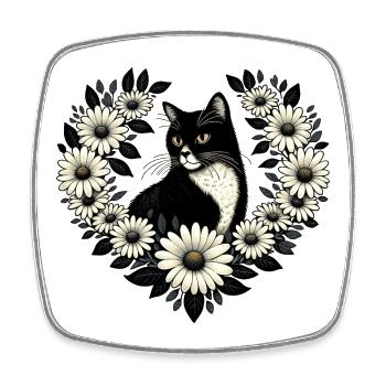Élégant cœur floral en forme de chat noir - Magnet carré - blanc - Devant