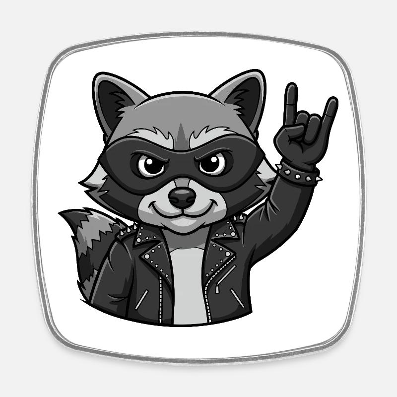 Rocker Waschbär mit Rock On Geste - Viereckiger Kühlschrankmagnet - Weiß