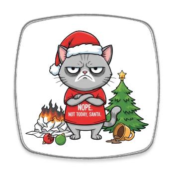 Grim Christmas cat refuses Santa - Square fridge magnet - white - Front