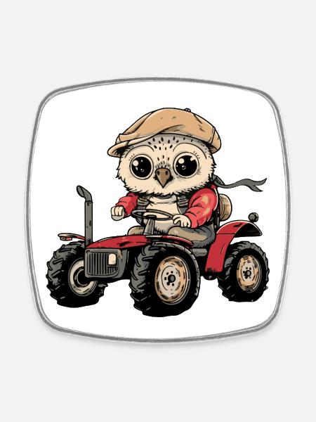 Eule Traktor Farmer - Viereckiger Kühlschrankmagnet - Weiß